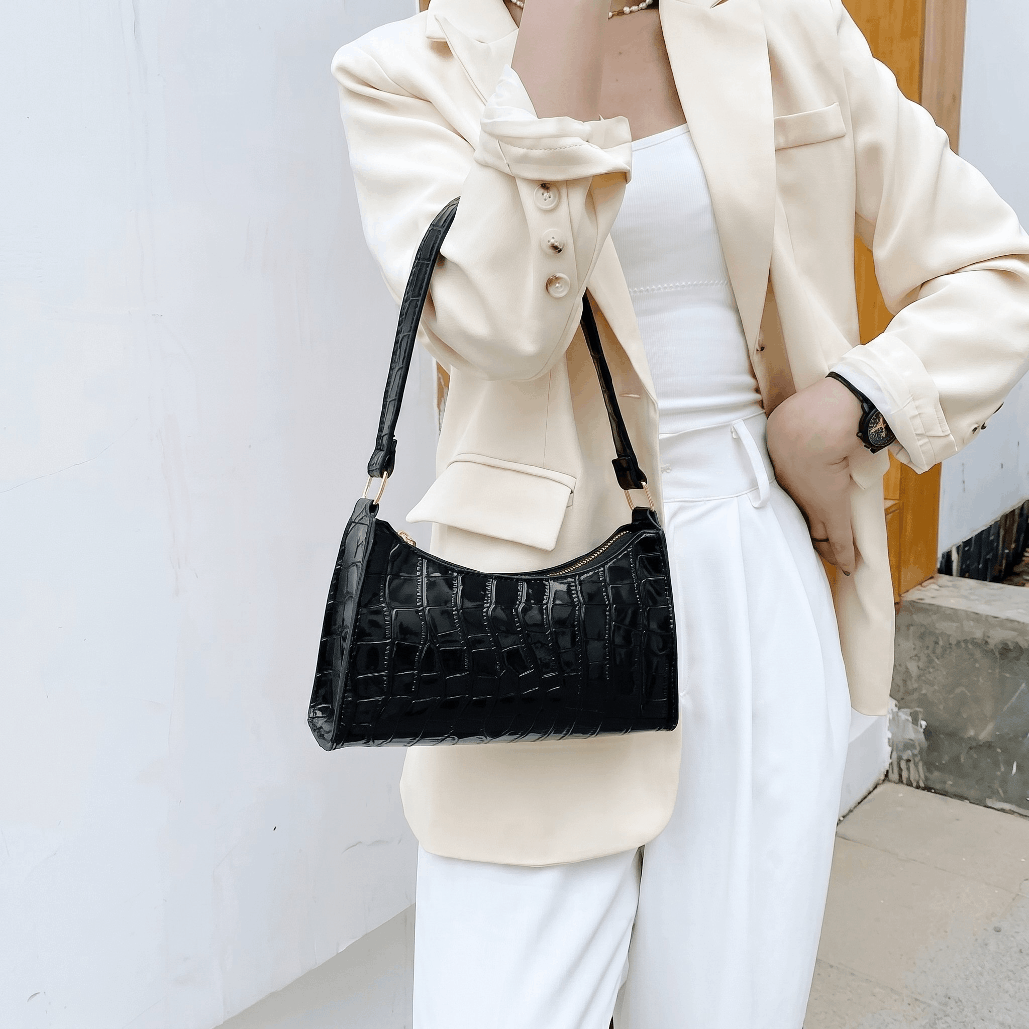 Porset - Crocodile Pattern Shoulder Bag